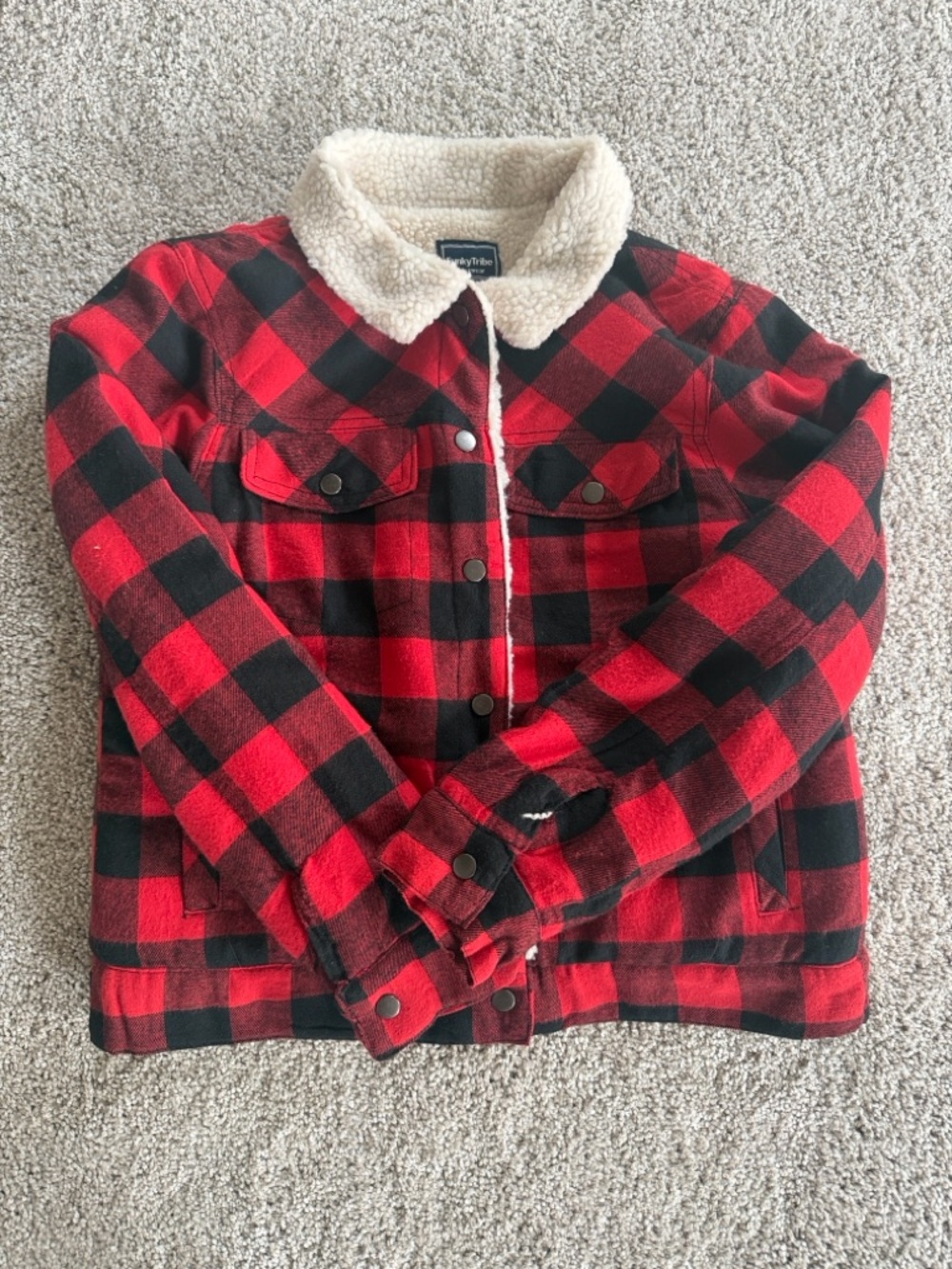 Sherpa-Lined Buffalo Plaid Jacket in Red and Black